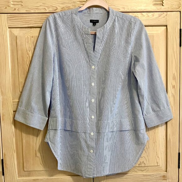 Talbots Blue And White Striped Button Down Blouse Collarless Size Medium - Picture 1 of 9